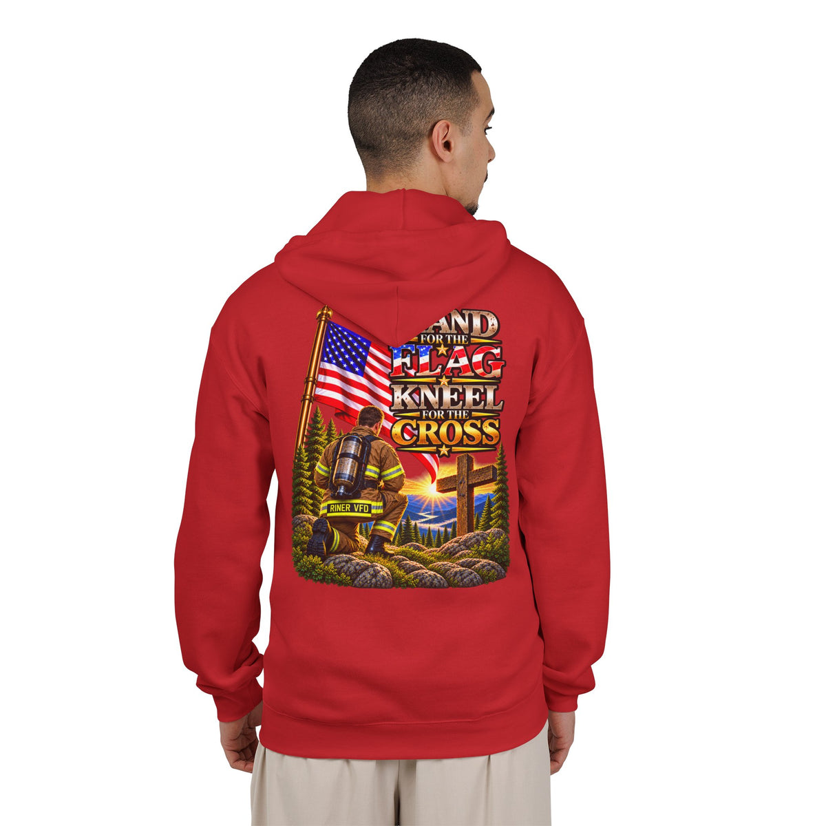 Riner VFD Firefighter Stand for the Flag, Kneel for the Cross - Hoodie_WM
