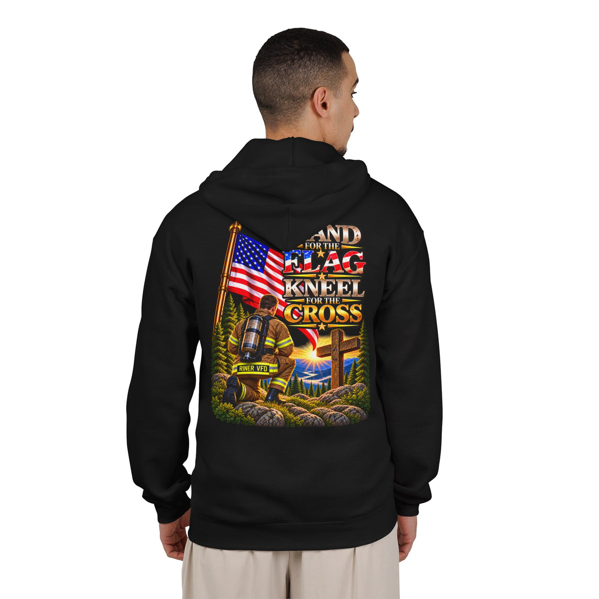 Riner VFD Firefighter Stand for the Flag, Kneel for the Cross - Hoodie_WM