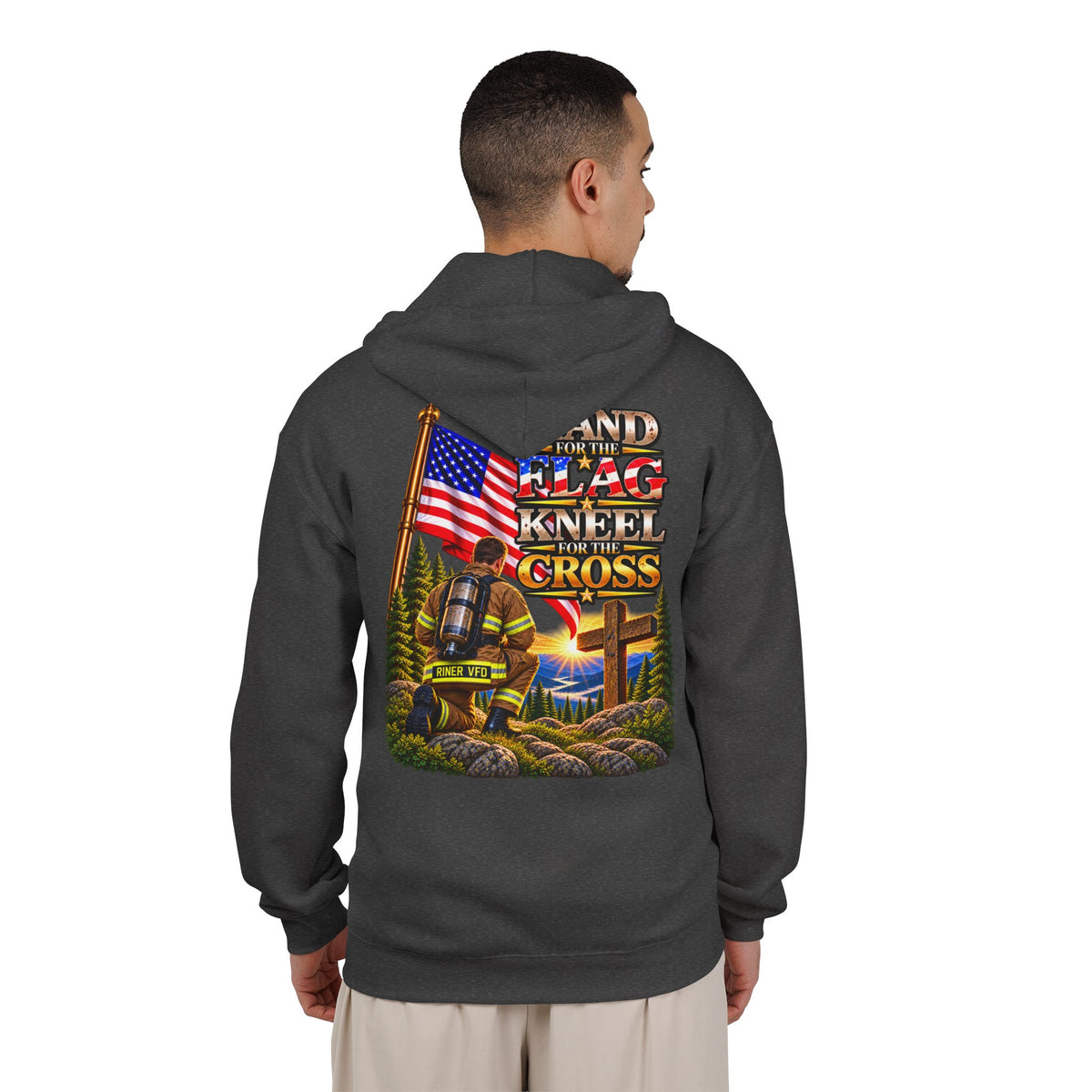 Riner VFD Firefighter Stand for the Flag, Kneel for the Cross - Hoodie_WM