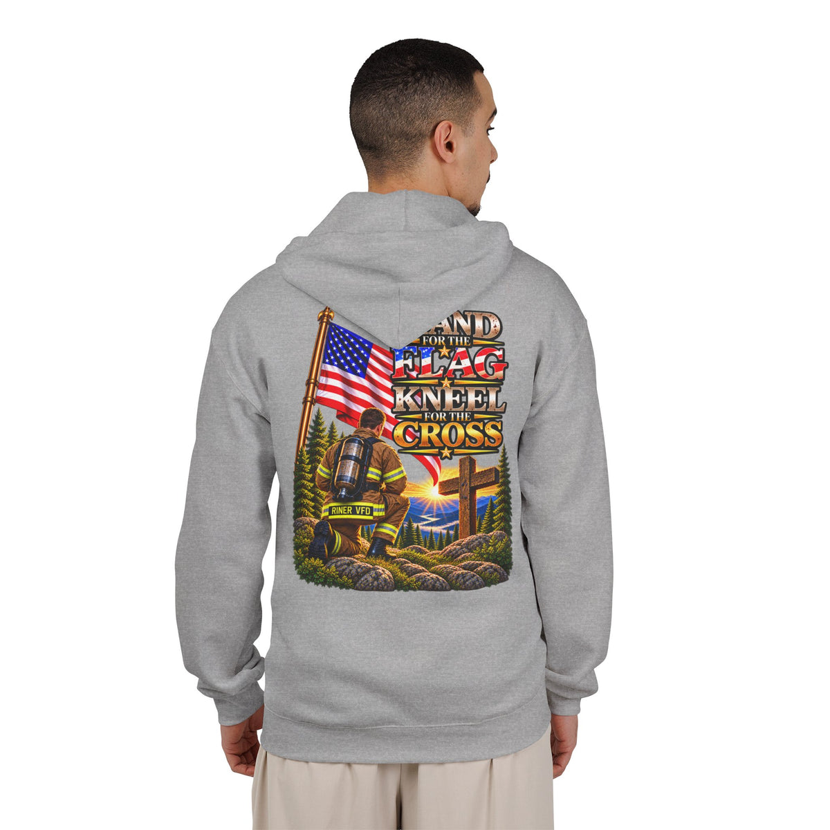 Riner VFD Firefighter Stand for the Flag, Kneel for the Cross - Hoodie_WM