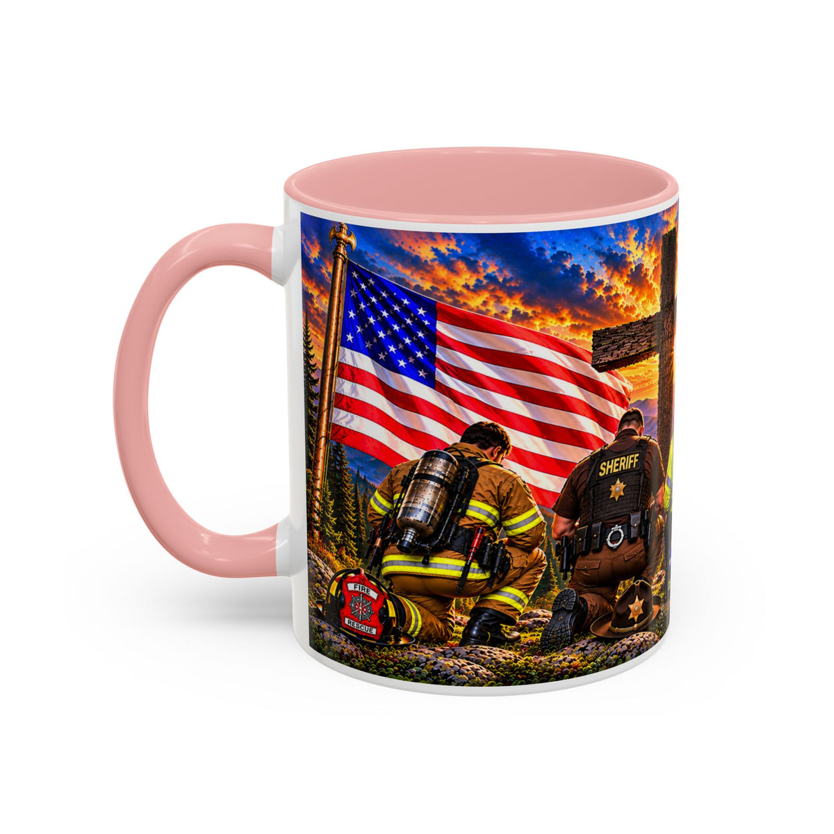 Stand for the Flag, Kneel for the Cross Accent Coffee Mug — Sheriff, Firefighter, EMS & 9-1-1 Telecommunicator 15oz