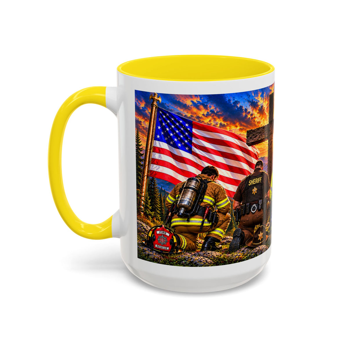 Stand for the Flag, Kneel for the Cross Accent Coffee Mug — Sheriff, Firefighter, EMS & 9-1-1 Telecommunicator 15oz