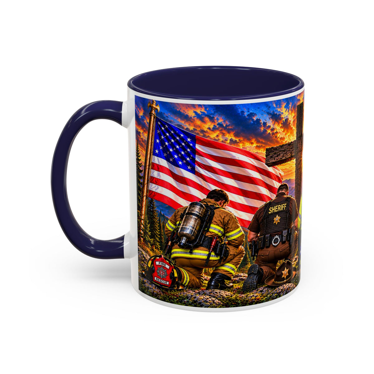 Stand for the Flag, Kneel for the Cross Accent Coffee Mug — Sheriff, Firefighter, EMS & 9-1-1 Telecommunicator 15oz