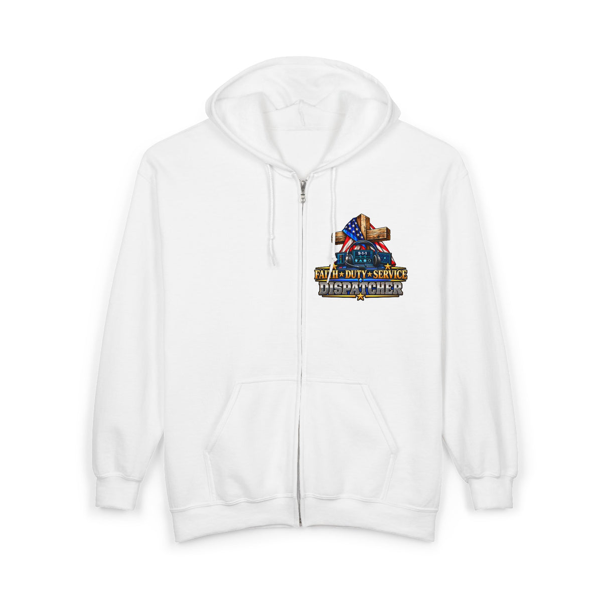 9-1-1 Dispatcher Flag & Cross Full-Zip Hoodie – American Flag, ‘Stand & Kneel for the Cross’ Back Graphic_WF