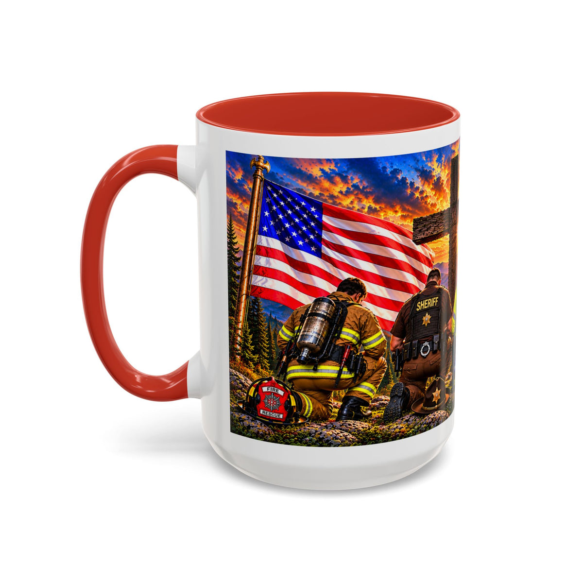 Stand for the Flag, Kneel for the Cross Accent Coffee Mug — Sheriff, Firefighter, EMS & 9-1-1 Telecommunicator 15oz
