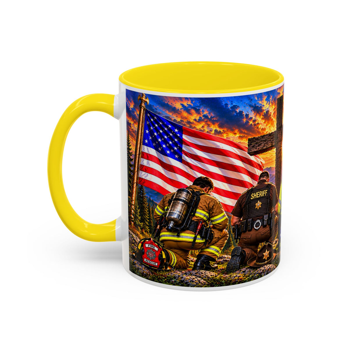 Stand for the Flag, Kneel for the Cross Accent Coffee Mug — Sheriff, Firefighter, EMS & 9-1-1 Telecommunicator 15oz