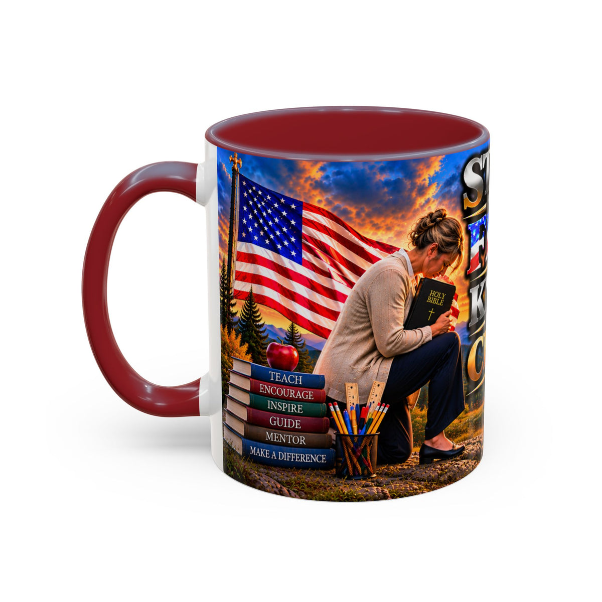 School_Teacher_Stand for the Flag, Kneel for the Cross Accent Coffee Mug - Patriotic 11oz