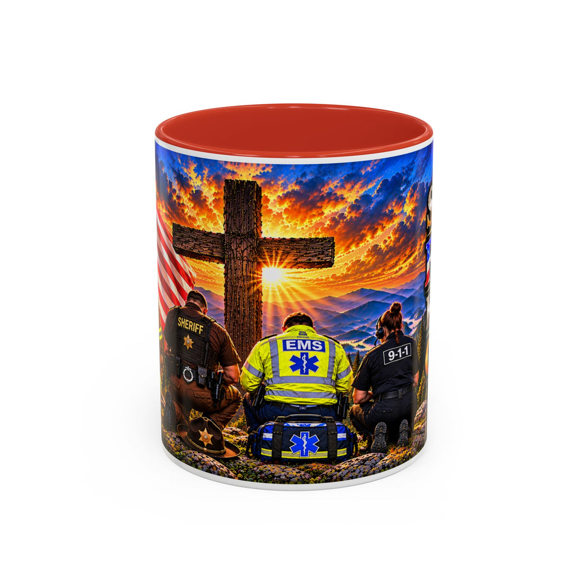 Stand for the Flag, Kneel for the Cross Accent Coffee Mug — Sheriff, Firefighter, EMS & 9-1-1 Telecommunicator 15oz