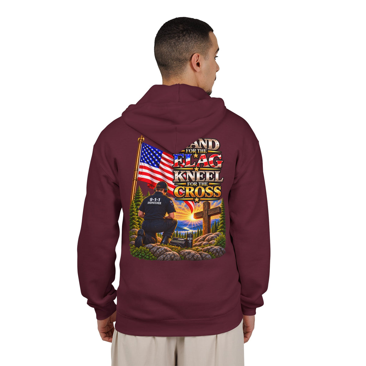 -1-1 Dispatcher_White Male_ Flag & Cross Full-Zip Hoodie – American Flag, ‘Stand & Kneel for the Cross’ Back Graphic_WF