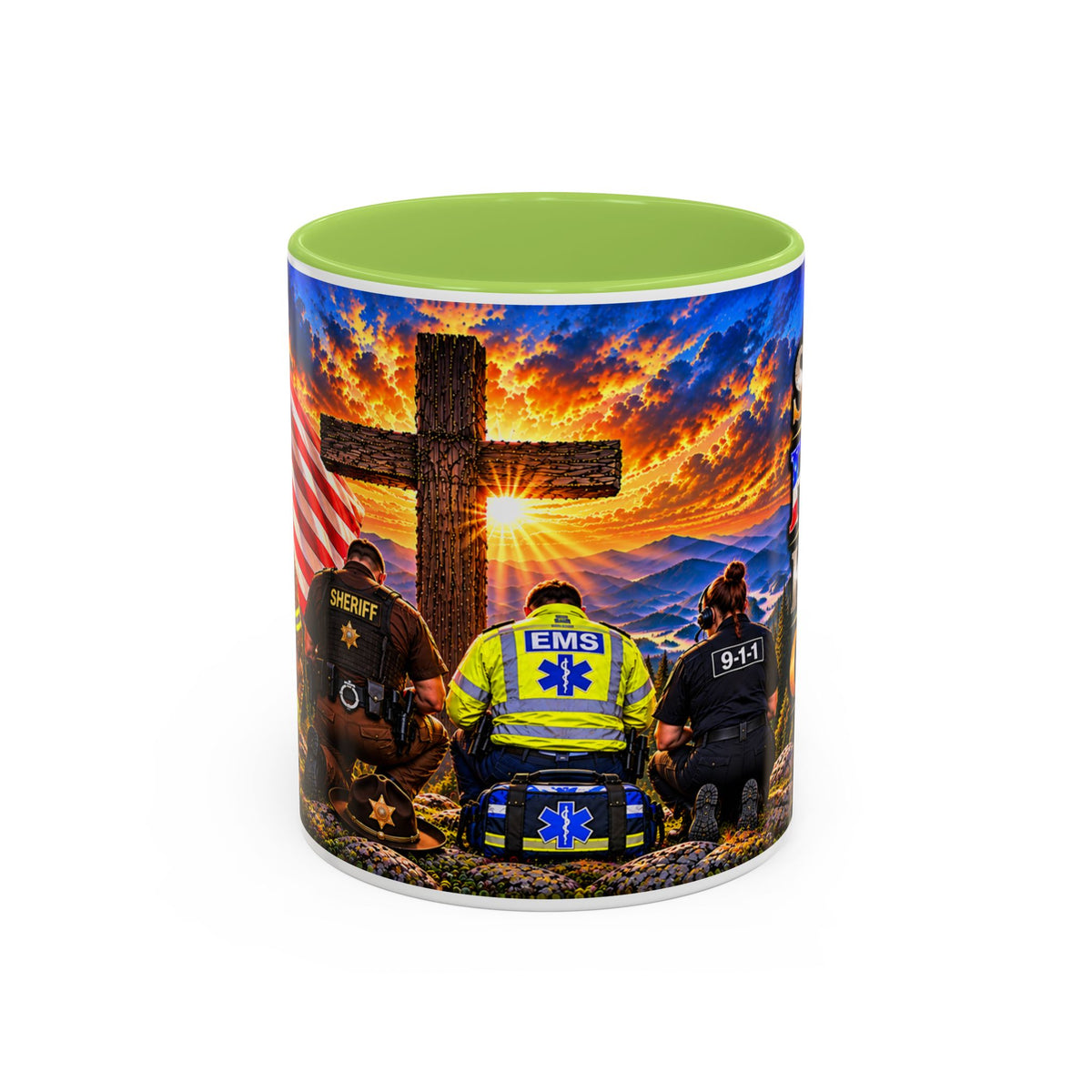 Stand for the Flag, Kneel for the Cross Accent Coffee Mug — Sheriff, Firefighter, EMS & 9-1-1 Telecommunicator 15oz