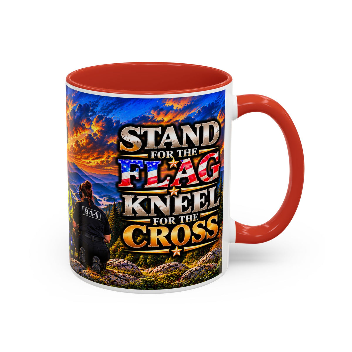 Stand for the Flag, Kneel for the Cross Accent Coffee Mug — Sheriff, Firefighter, EMS & 9-1-1 Telecommunicator 15oz