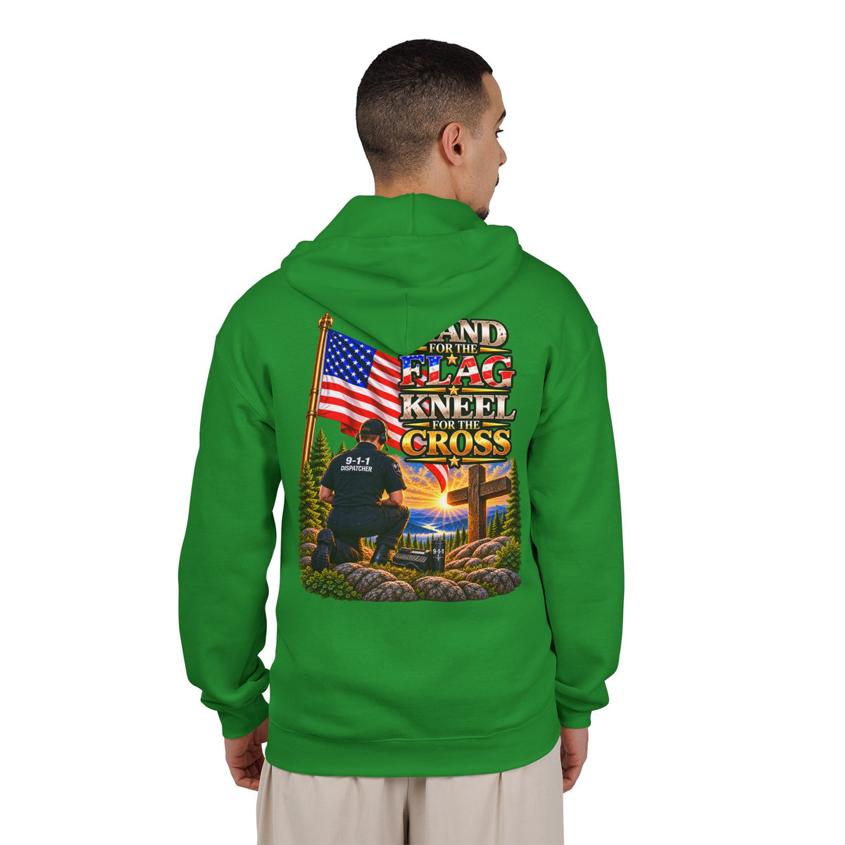 -1-1 Dispatcher_White Male_ Flag & Cross Full-Zip Hoodie – American Flag, ‘Stand & Kneel for the Cross’ Back Graphic_WF