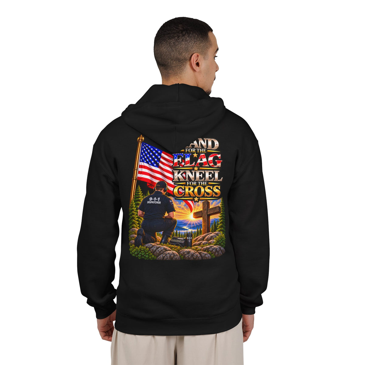 -1-1 Dispatcher_White Male_ Flag & Cross Full-Zip Hoodie – American Flag, ‘Stand & Kneel for the Cross’ Back Graphic_WF