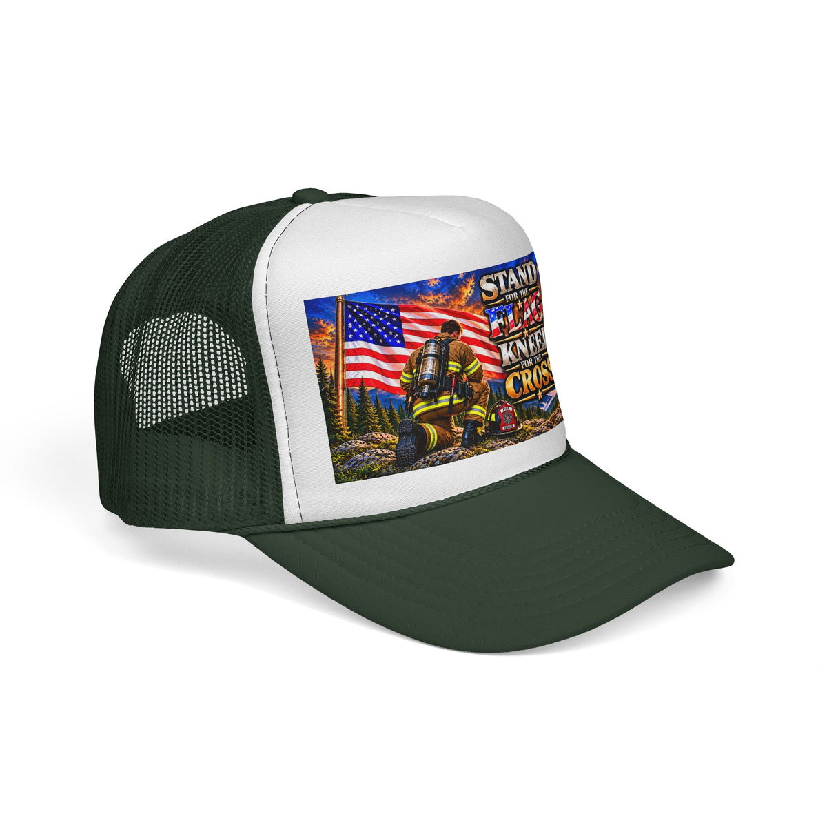 Firefighter_Trucker Cap — "Stand for the Flag, Kneel for the Cross" Patriotic Firefighter Mesh Hat