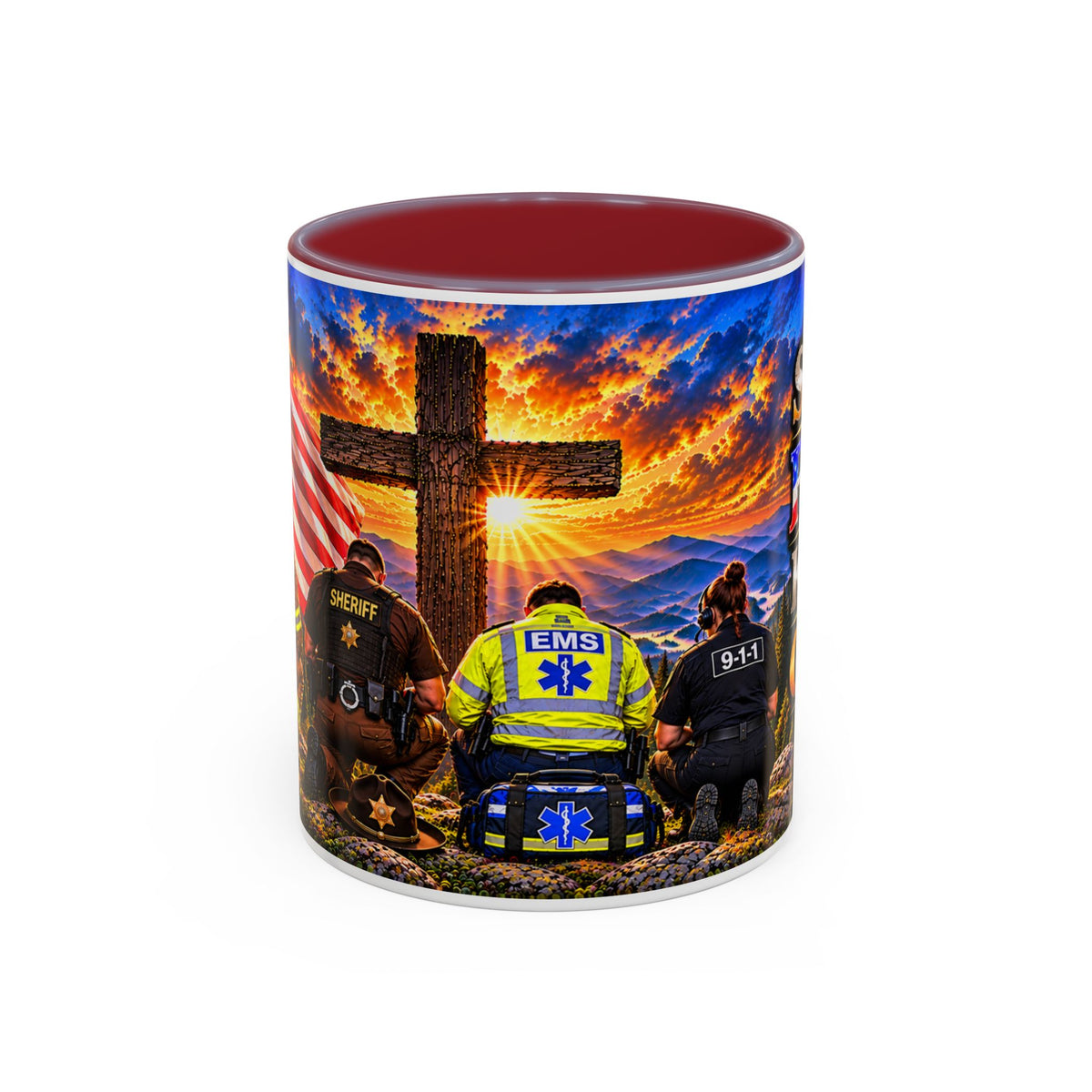 Stand for the Flag, Kneel for the Cross Accent Coffee Mug — Sheriff, Firefighter, EMS & 9-1-1 Telecommunicator 15oz