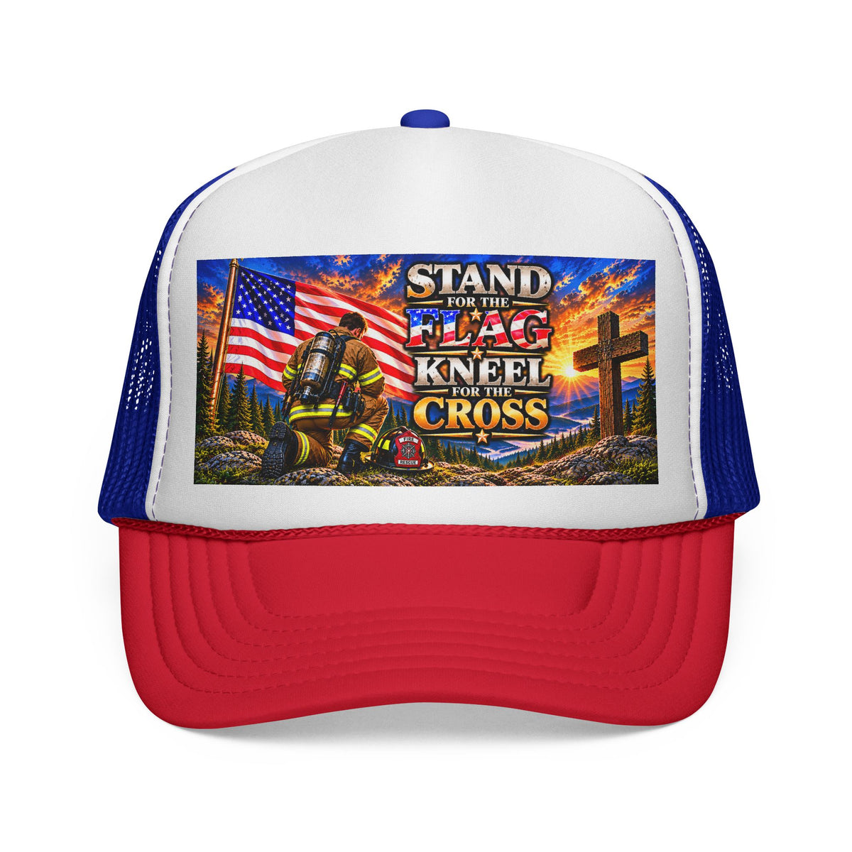 Firefighter_Trucker Cap — "Stand for the Flag, Kneel for the Cross" Patriotic Firefighter Mesh Hat