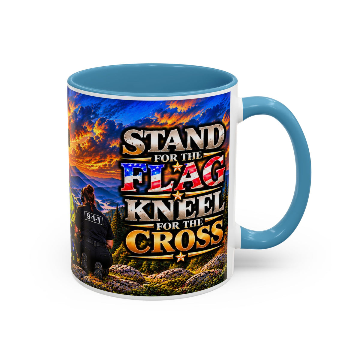 Stand for the Flag, Kneel for the Cross Accent Coffee Mug — Sheriff, Firefighter, EMS & 9-1-1 Telecommunicator 15oz