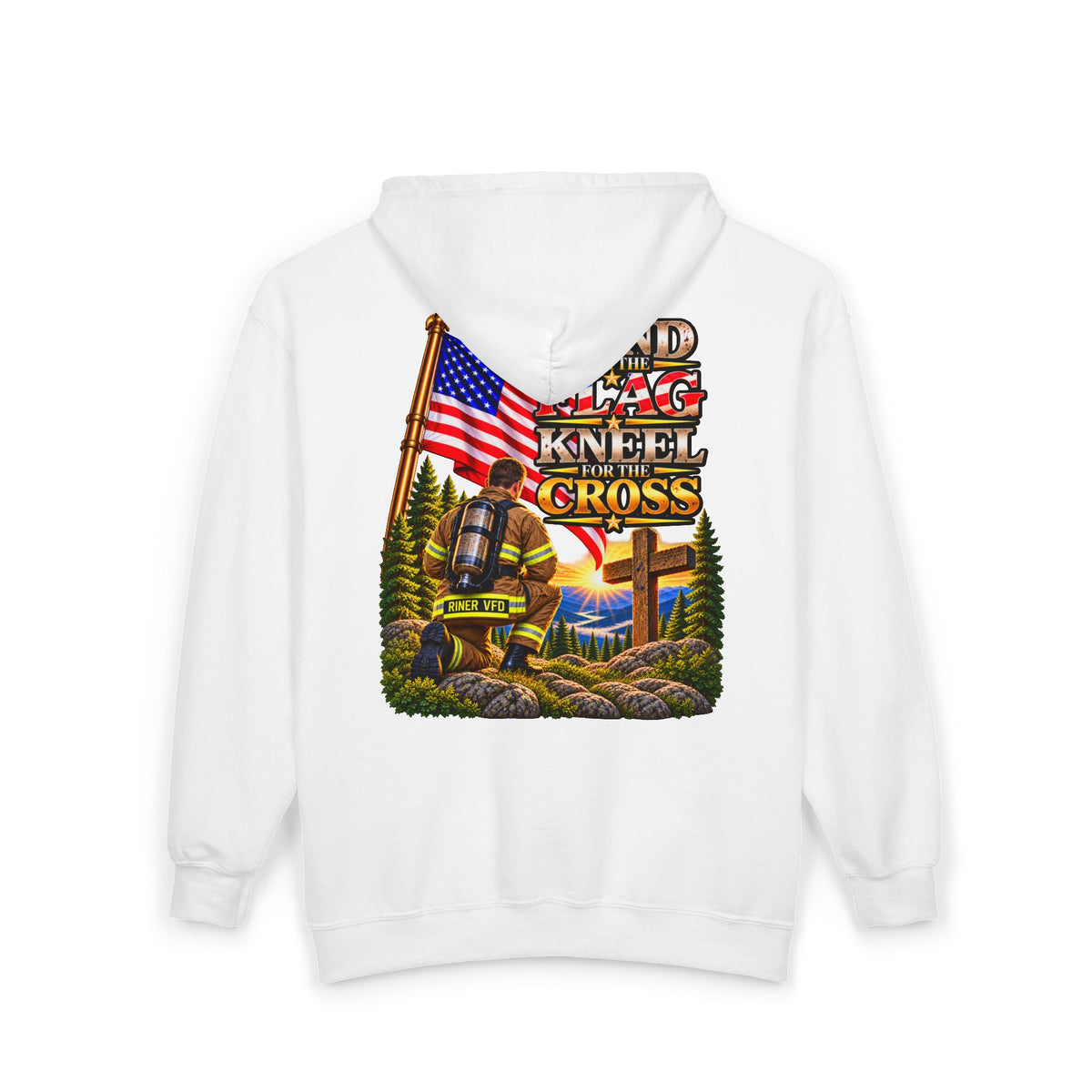 Riner VFD Firefighter Stand for the Flag, Kneel for the Cross - Hoodie_WM