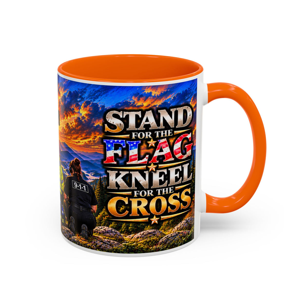 Stand for the Flag, Kneel for the Cross Accent Coffee Mug — Sheriff, Firefighter, EMS & 9-1-1 Telecommunicator 15oz