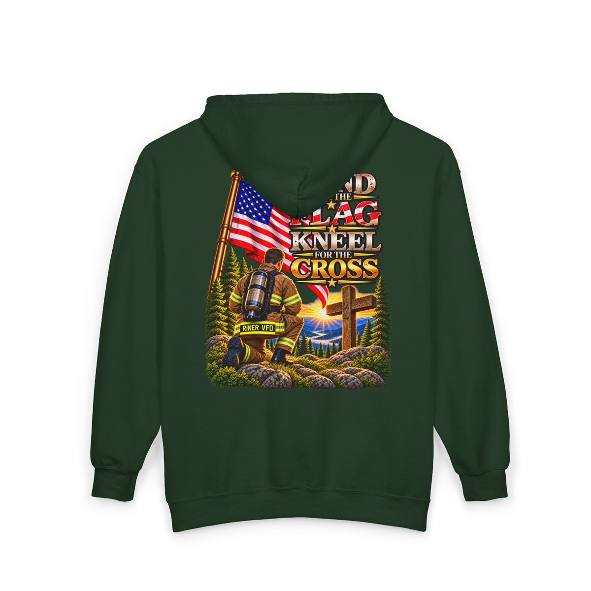 Riner VFD Firefighter Stand for the Flag, Kneel for the Cross - Hoodie_WM
