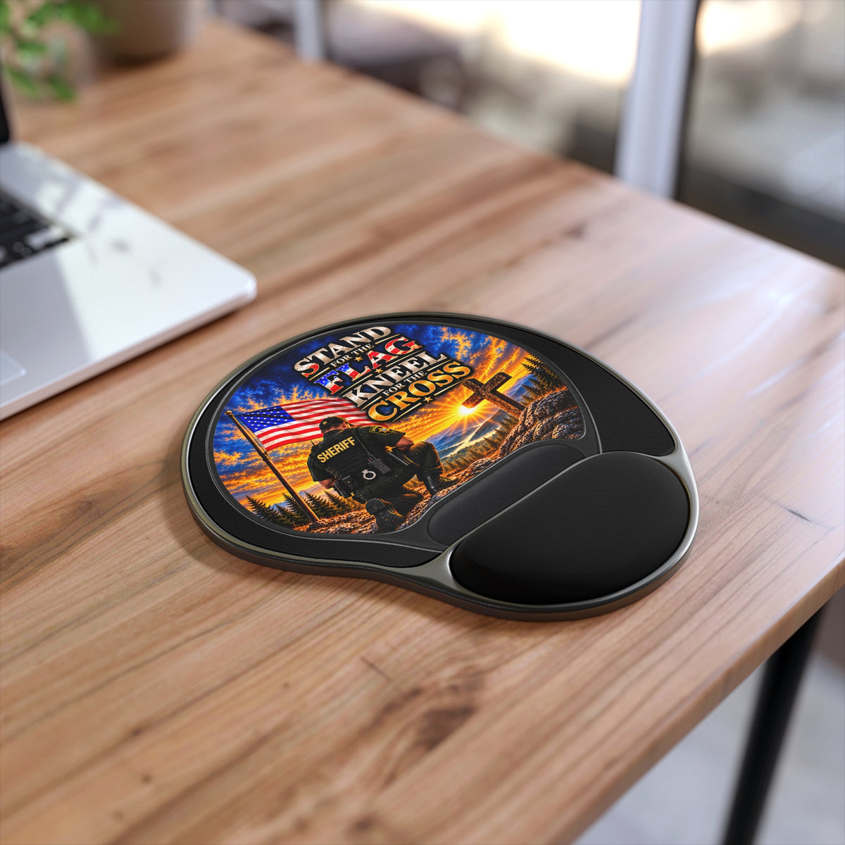 Patriotic Sheriff Mouse Pad with Wrist Rest — "Stand for the Flag, Kneel for the Cross"