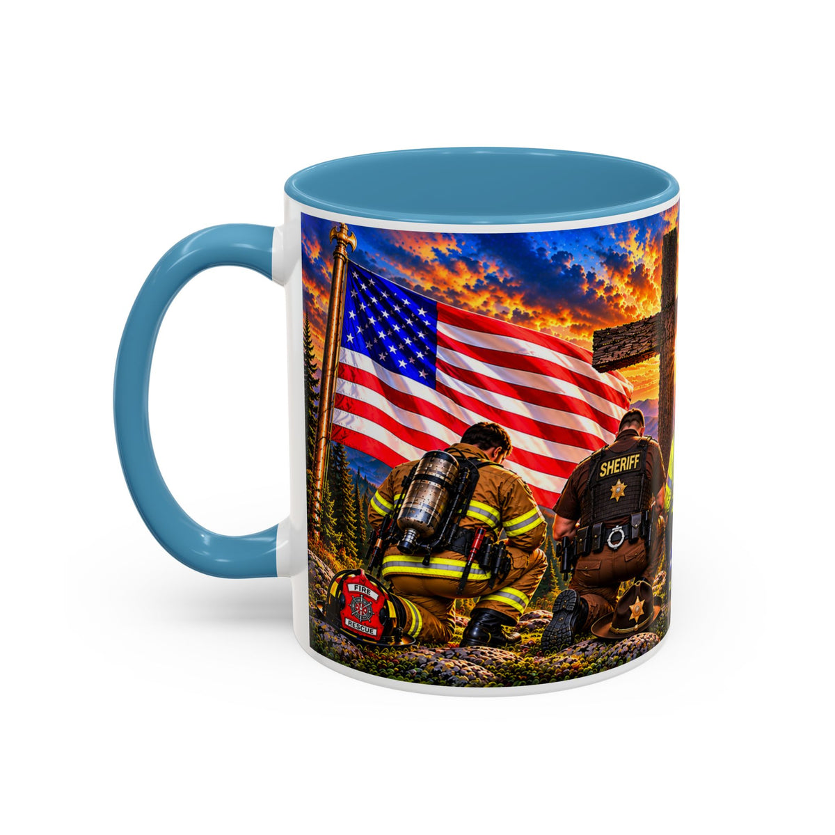 Stand for the Flag, Kneel for the Cross Accent Coffee Mug — Sheriff, Firefighter, EMS & 9-1-1 Telecommunicator 15oz