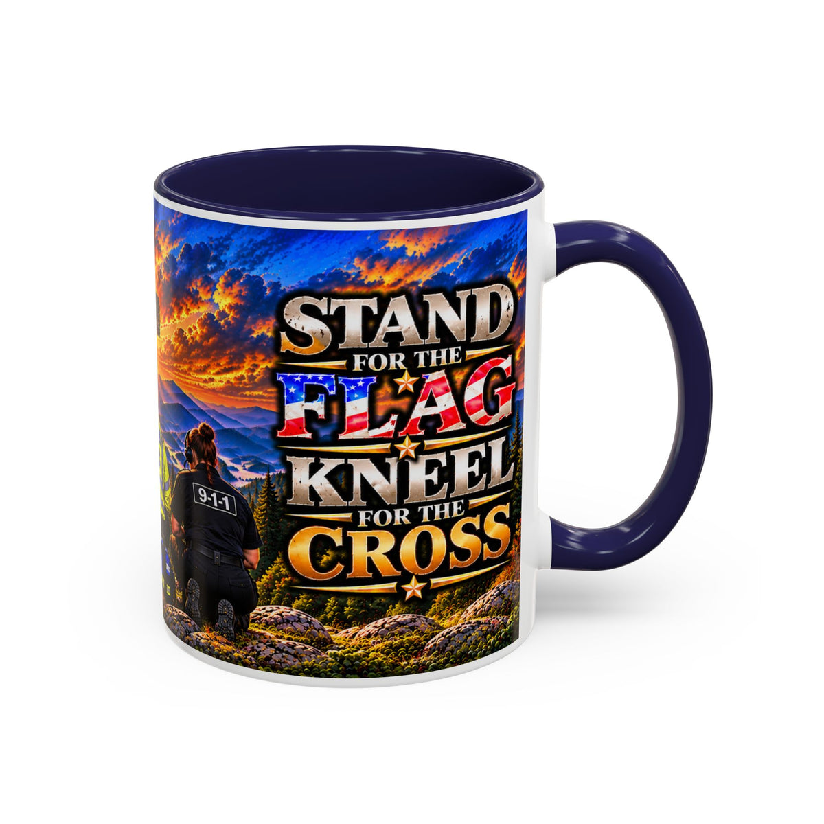 Stand for the Flag, Kneel for the Cross Accent Coffee Mug — Sheriff, Firefighter, EMS & 9-1-1 Telecommunicator 15oz