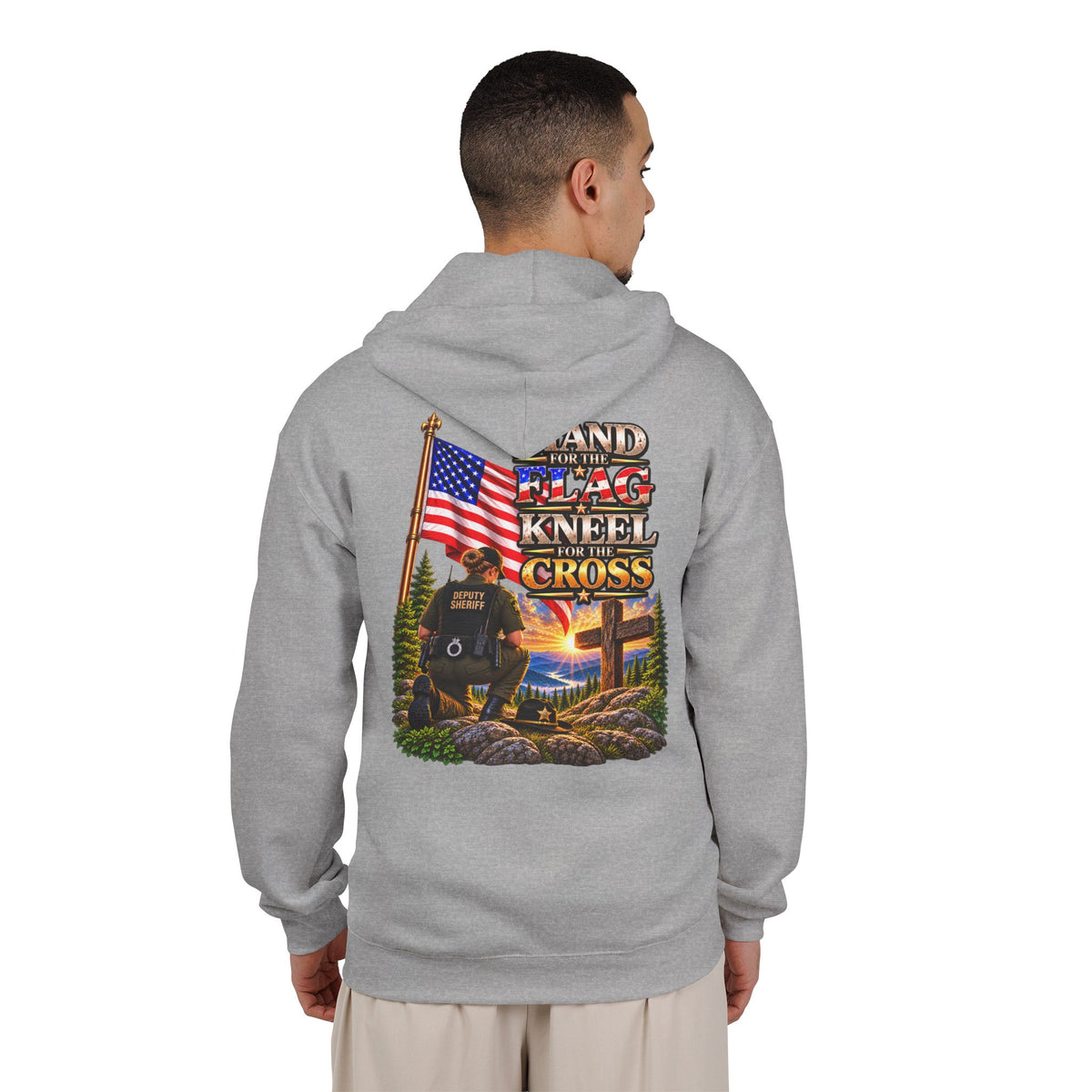 Deputy Flag & Cross Full-Zip Hoodie – American Flag, ‘Stand for the Flag and Kneel for the Cross’ Back Graphic_WF