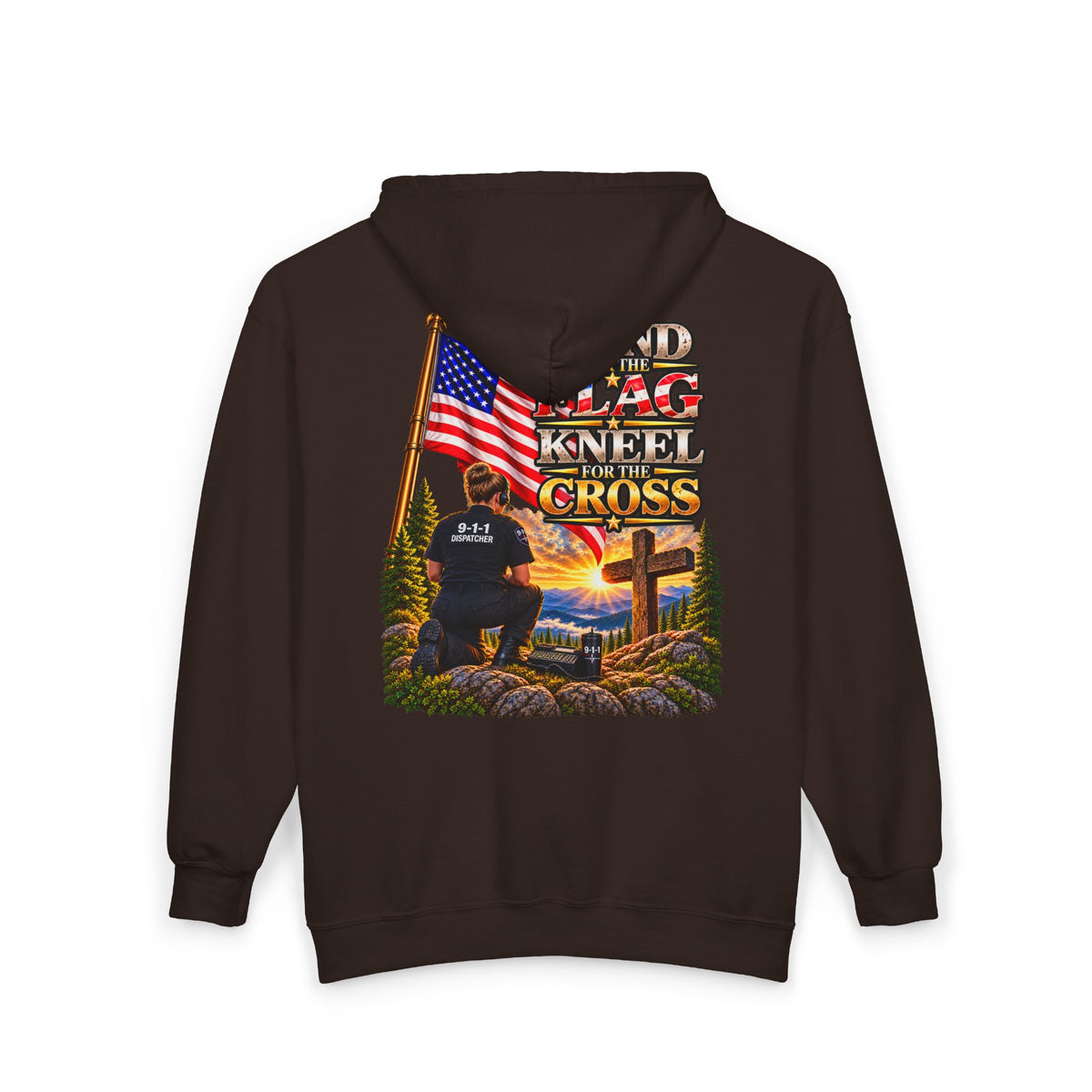 9-1-1 Dispatcher Flag & Cross Full-Zip Hoodie – American Flag, ‘Stand & Kneel for the Cross’ Back Graphic_WF