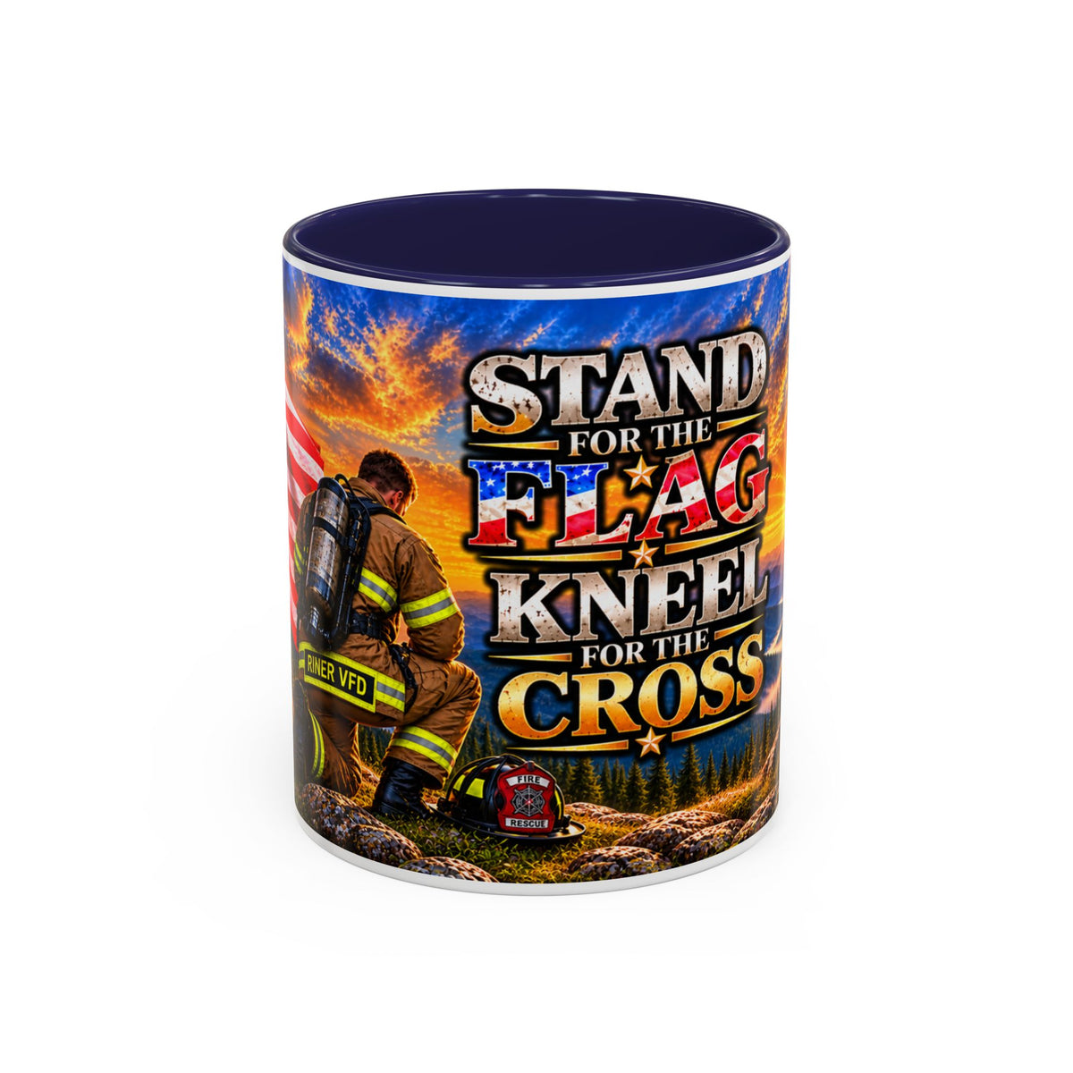 Riner_Firefighter_Stand for the Flag, Kneel for the Cross Coffee Mug_WM