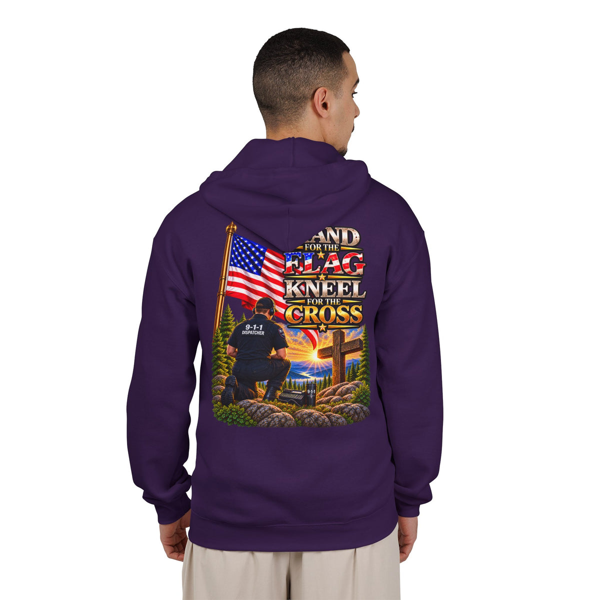 -1-1 Dispatcher_White Male_ Flag & Cross Full-Zip Hoodie – American Flag, ‘Stand & Kneel for the Cross’ Back Graphic_WF