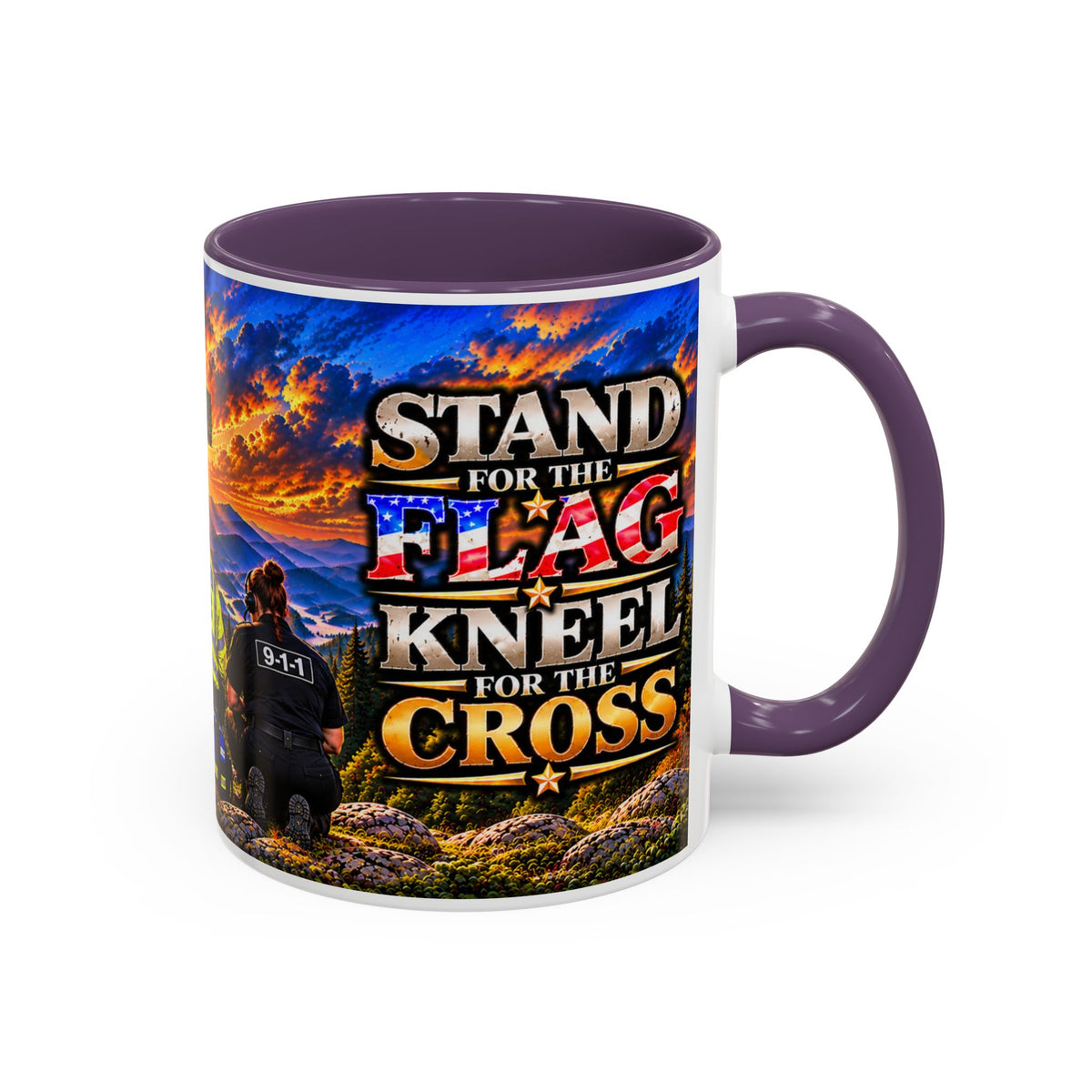 Stand for the Flag, Kneel for the Cross Accent Coffee Mug — Sheriff, Firefighter, EMS & 9-1-1 Telecommunicator 15oz