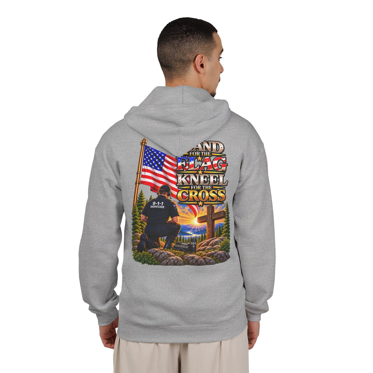 -1-1 Dispatcher_White Male_ Flag & Cross Full-Zip Hoodie – American Flag, ‘Stand & Kneel for the Cross’ Back Graphic_WF