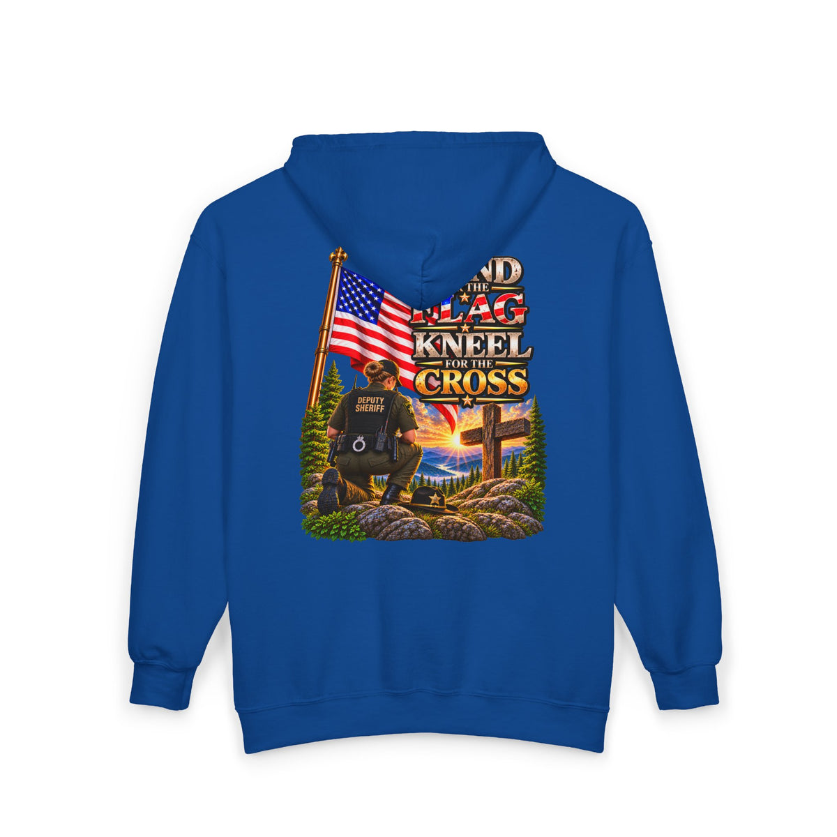 Deputy Flag & Cross Full-Zip Hoodie – American Flag, ‘Stand for the Flag and Kneel for the Cross’ Back Graphic_WF