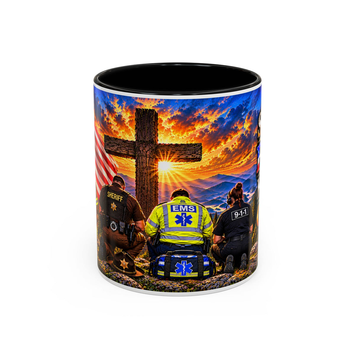 Stand for the Flag, Kneel for the Cross Accent Coffee Mug — Sheriff, Firefighter, EMS & 9-1-1 Telecommunicator 15oz