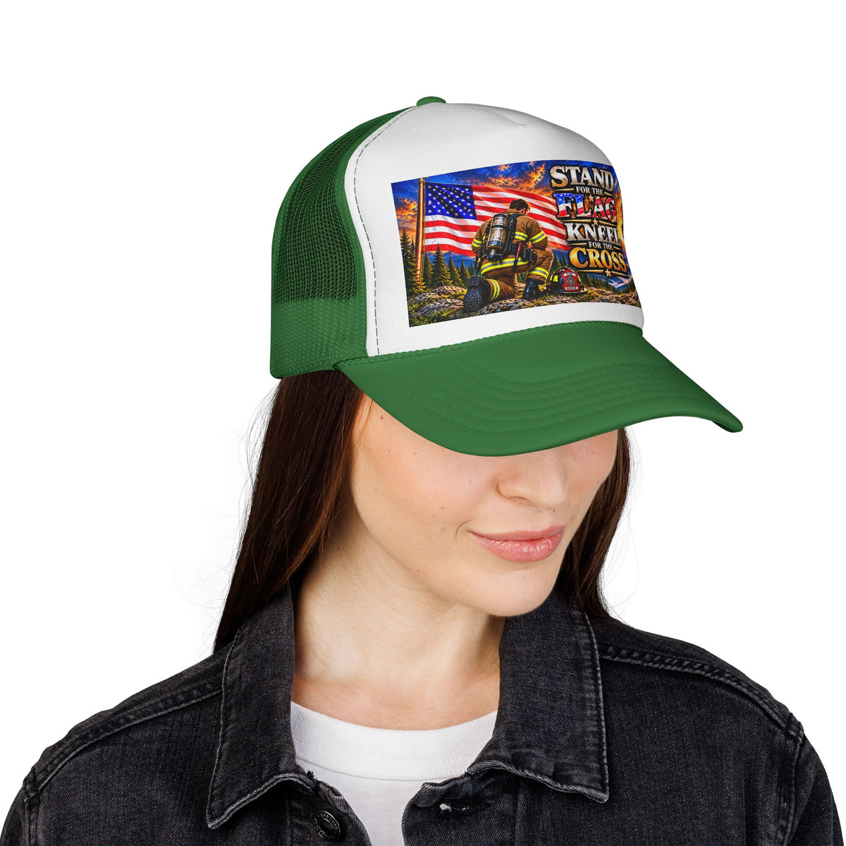 Firefighter_Trucker Cap — "Stand for the Flag, Kneel for the Cross" Patriotic Firefighter Mesh Hat