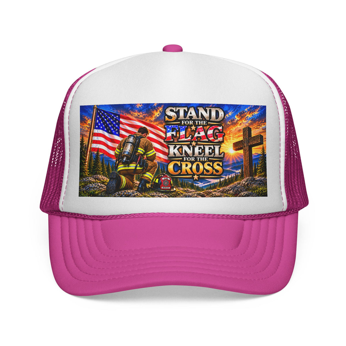 Firefighter_Trucker Cap — "Stand for the Flag, Kneel for the Cross" Patriotic Firefighter Mesh Hat