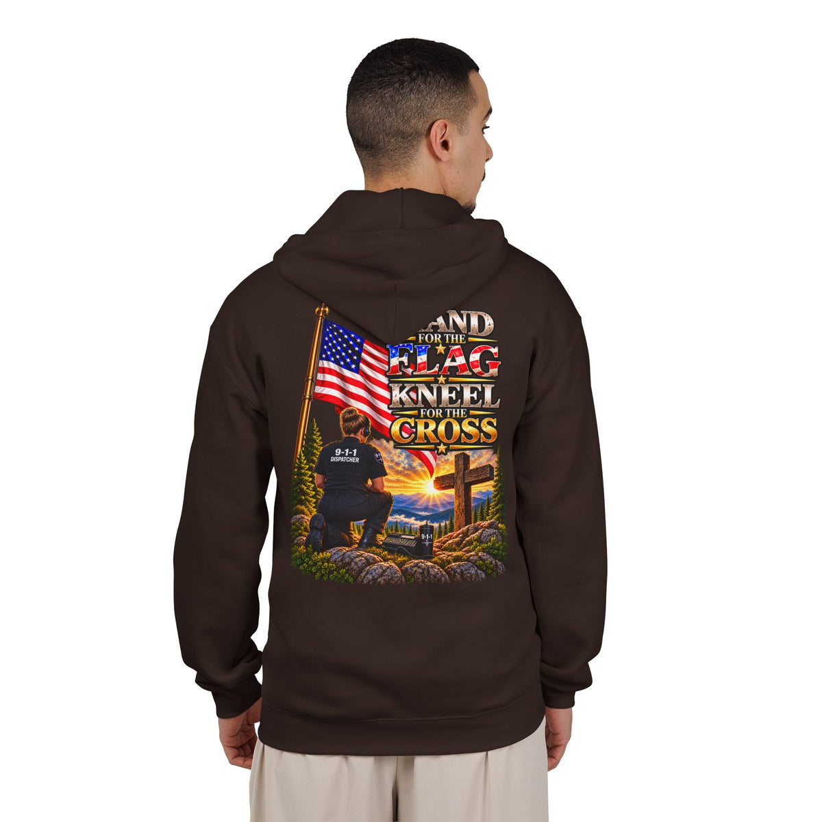 9-1-1 Dispatcher Flag & Cross Full-Zip Hoodie – American Flag, ‘Stand & Kneel for the Cross’ Back Graphic_WF