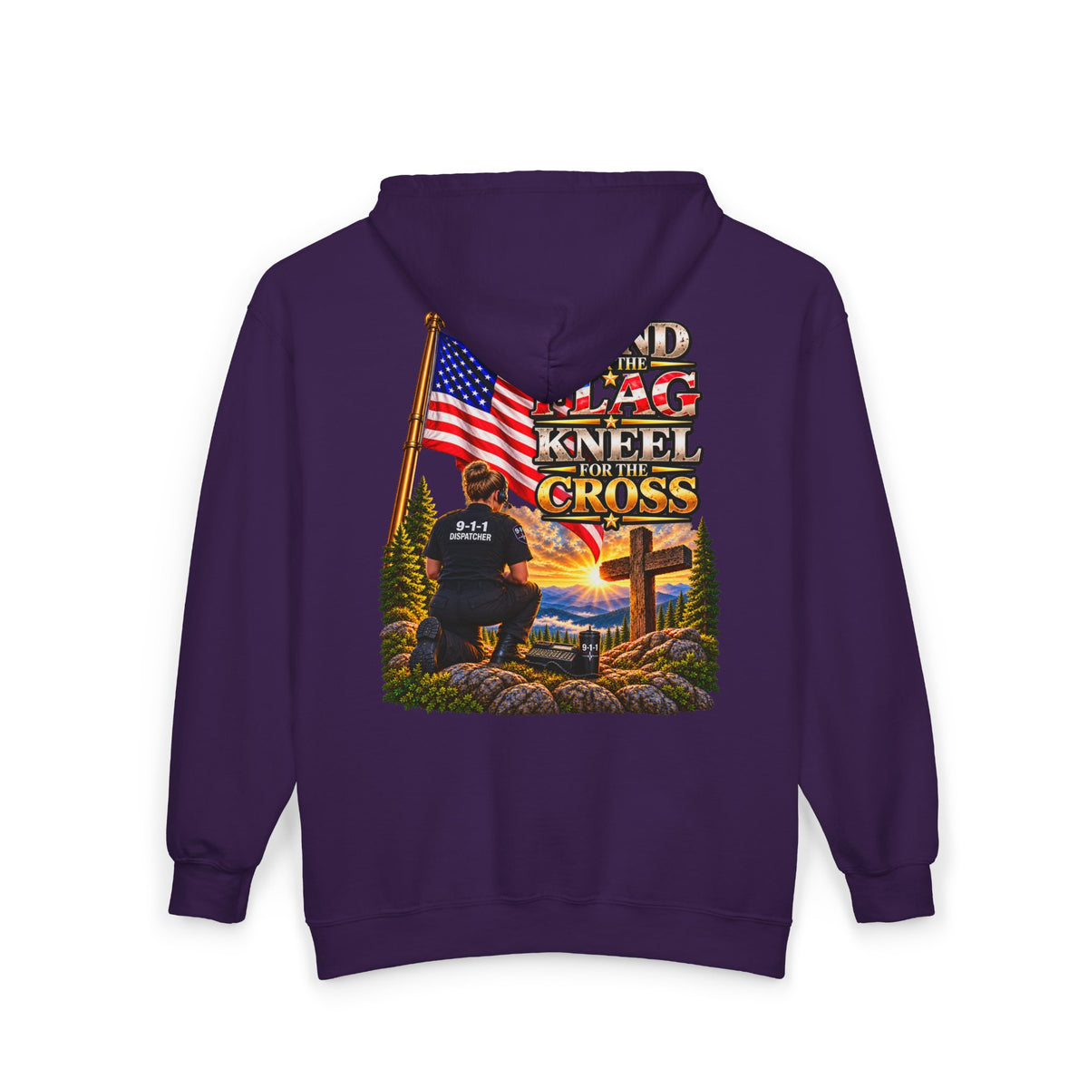 9-1-1 Dispatcher Flag & Cross Full-Zip Hoodie – American Flag, ‘Stand & Kneel for the Cross’ Back Graphic_WF