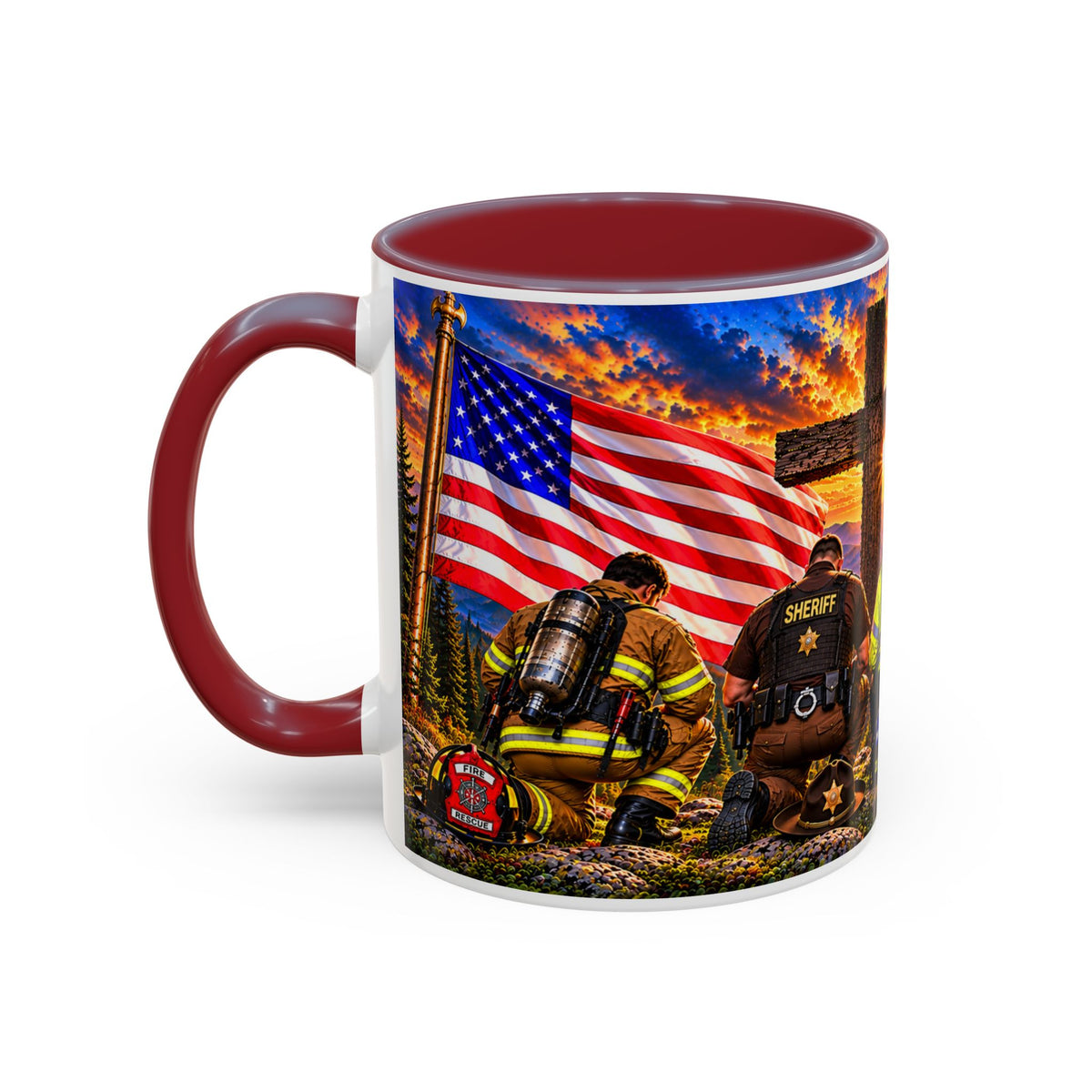 Stand for the Flag, Kneel for the Cross Accent Coffee Mug — Sheriff, Firefighter, EMS & 9-1-1 Telecommunicator 15oz