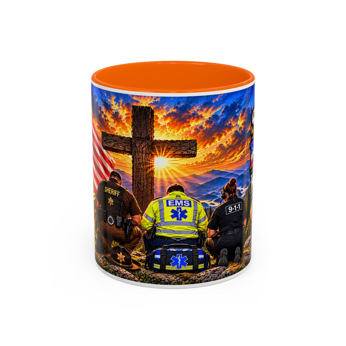 Stand for the Flag, Kneel for the Cross Accent Coffee Mug — Sheriff, Firefighter, EMS & 9-1-1 Telecommunicator 15oz