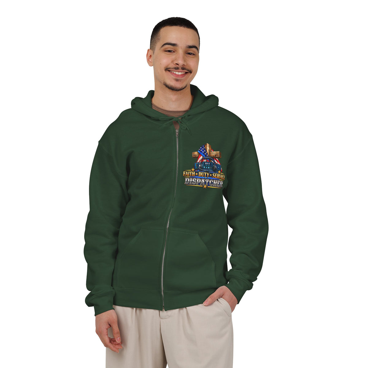 -1-1 Dispatcher_White Male_ Flag & Cross Full-Zip Hoodie – American Flag, ‘Stand & Kneel for the Cross’ Back Graphic_WF