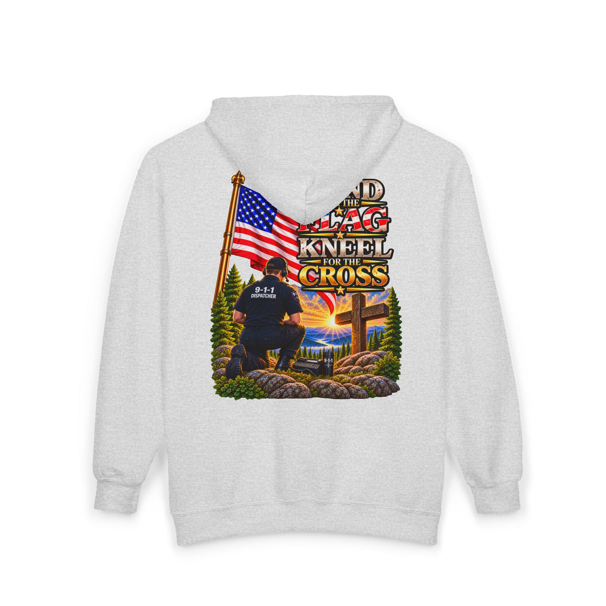 -1-1 Dispatcher_White Male_ Flag & Cross Full-Zip Hoodie – American Flag, ‘Stand & Kneel for the Cross’ Back Graphic_WF