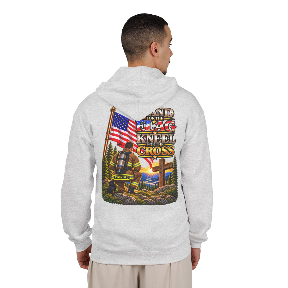 Riner VFD Firefighter Stand for the Flag, Kneel for the Cross - Hoodie_WM