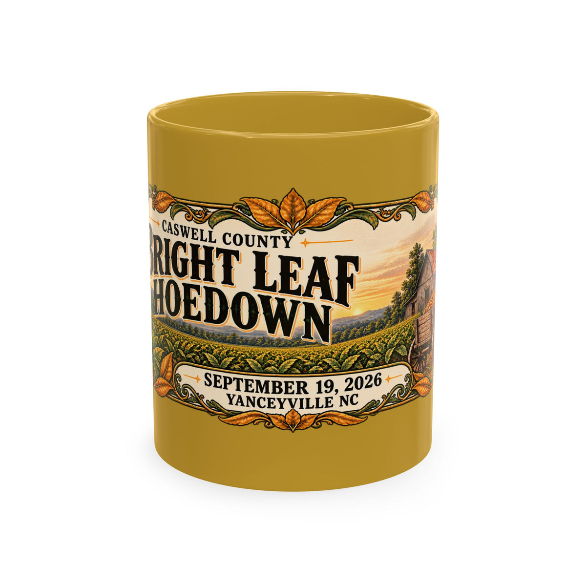 Bright Leaf Hoedown Ceramic Mug — Yanceyville NC Event Souvenir (Sept 19, 2026)