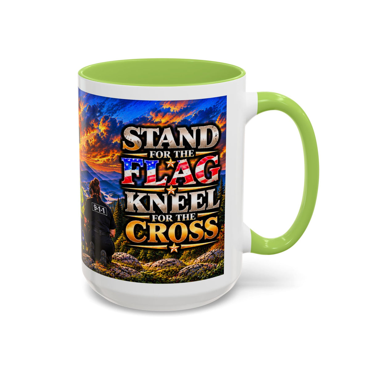 Stand for the Flag, Kneel for the Cross Accent Coffee Mug — Sheriff, Firefighter, EMS & 9-1-1 Telecommunicator 15oz