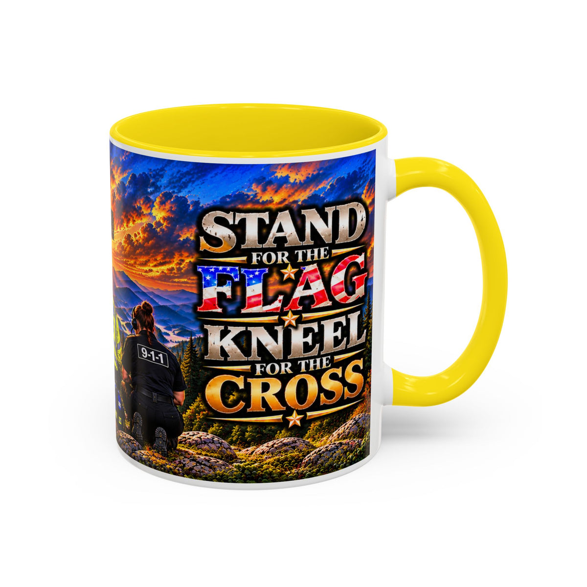 Stand for the Flag, Kneel for the Cross Accent Coffee Mug — Sheriff, Firefighter, EMS & 9-1-1 Telecommunicator 15oz