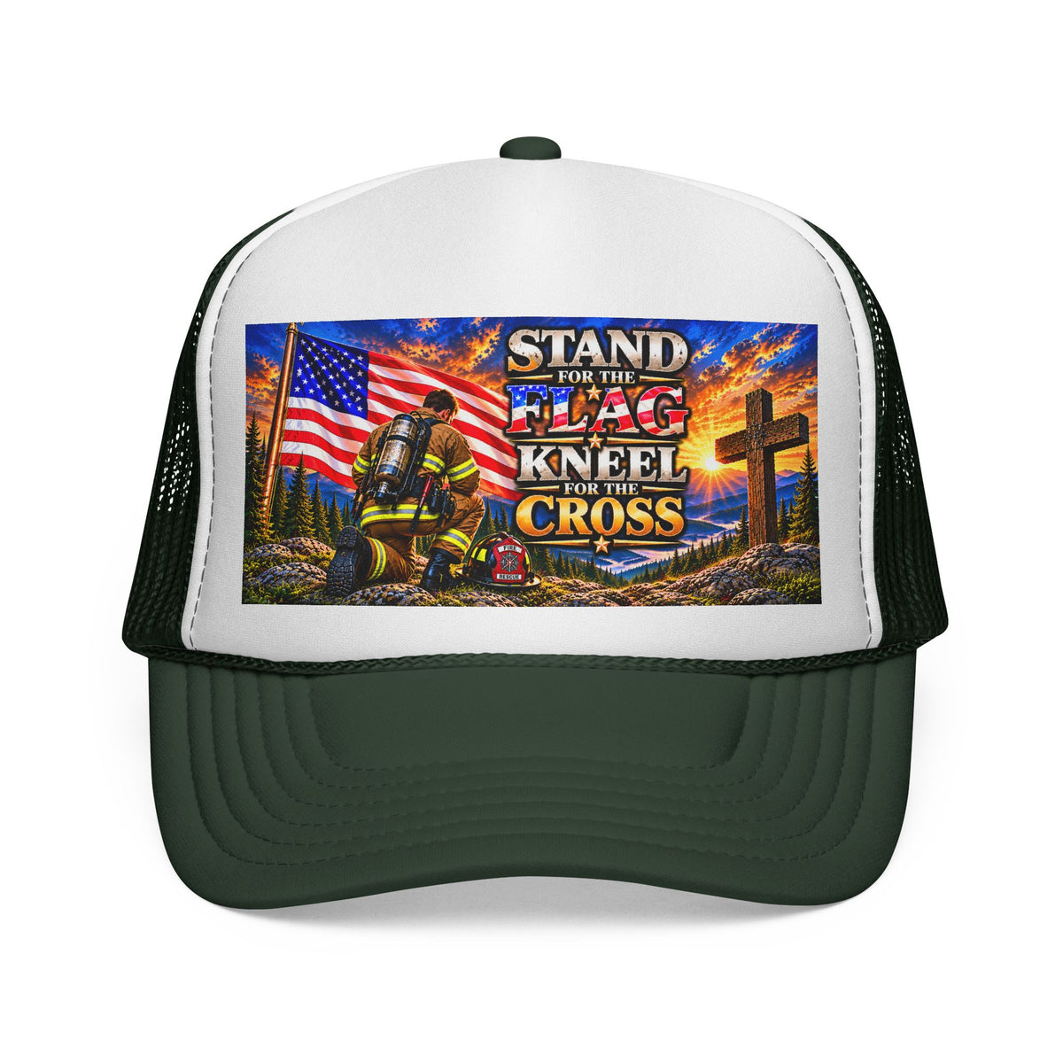 Firefighter_Trucker Cap — "Stand for the Flag, Kneel for the Cross" Patriotic Firefighter Mesh Hat