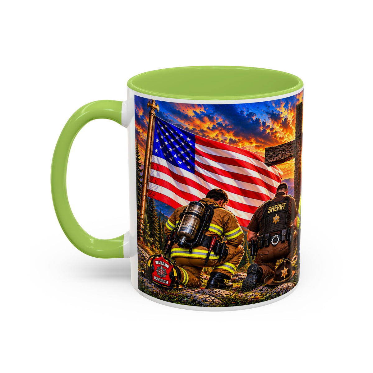 Stand for the Flag, Kneel for the Cross Accent Coffee Mug — Sheriff, Firefighter, EMS & 9-1-1 Telecommunicator 15oz