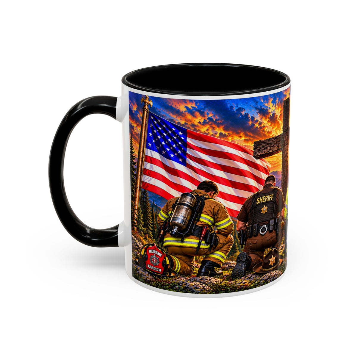 Stand for the Flag, Kneel for the Cross Accent Coffee Mug — Sheriff, Firefighter, EMS & 9-1-1 Telecommunicator 15oz